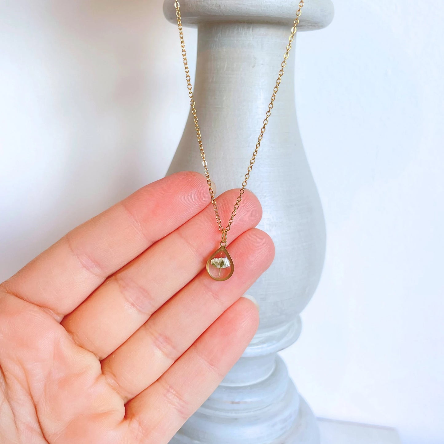 Baby's Breath Flower Teardrop Charm Necklace