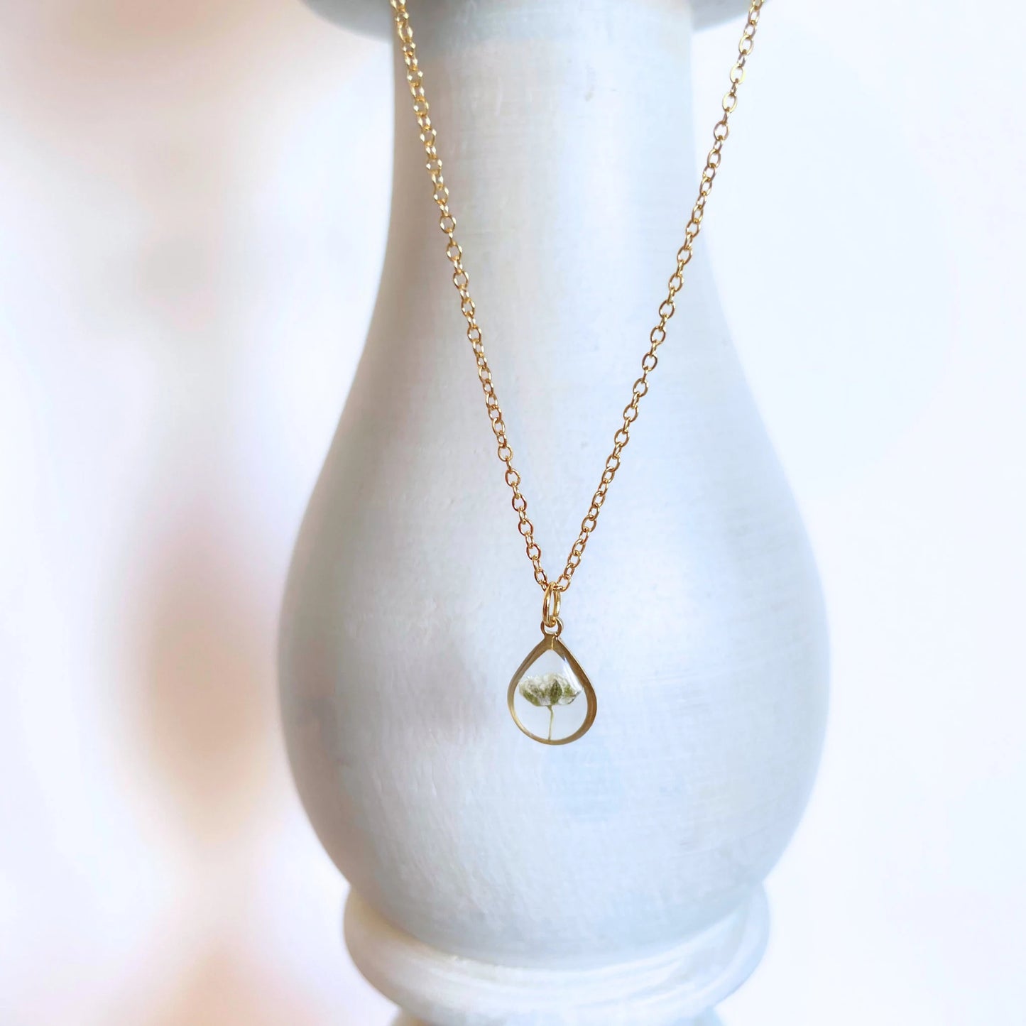 Baby's Breath Flower Teardrop Charm Necklace