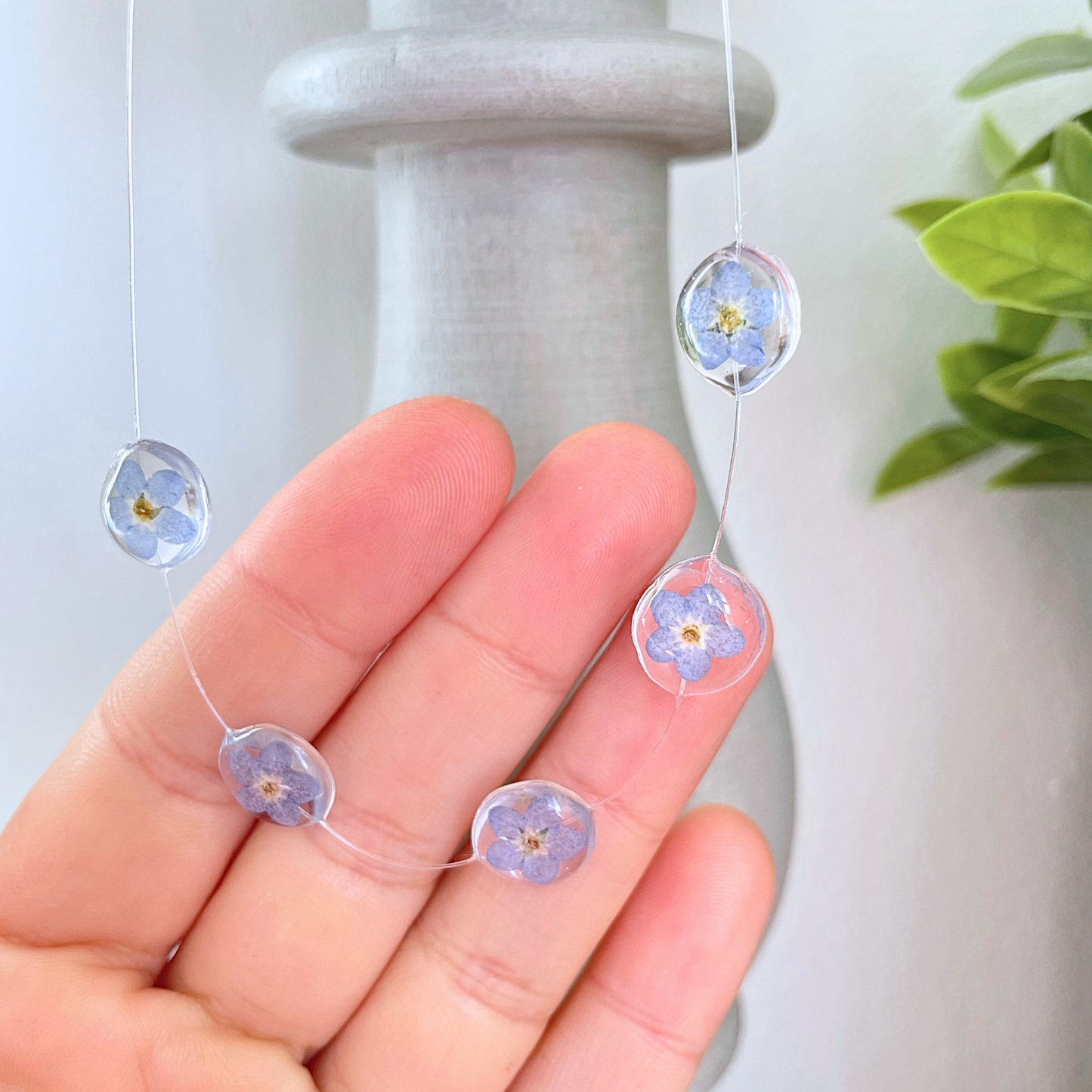 Tiny Forget Me Not Flower Charms Clear Necklace