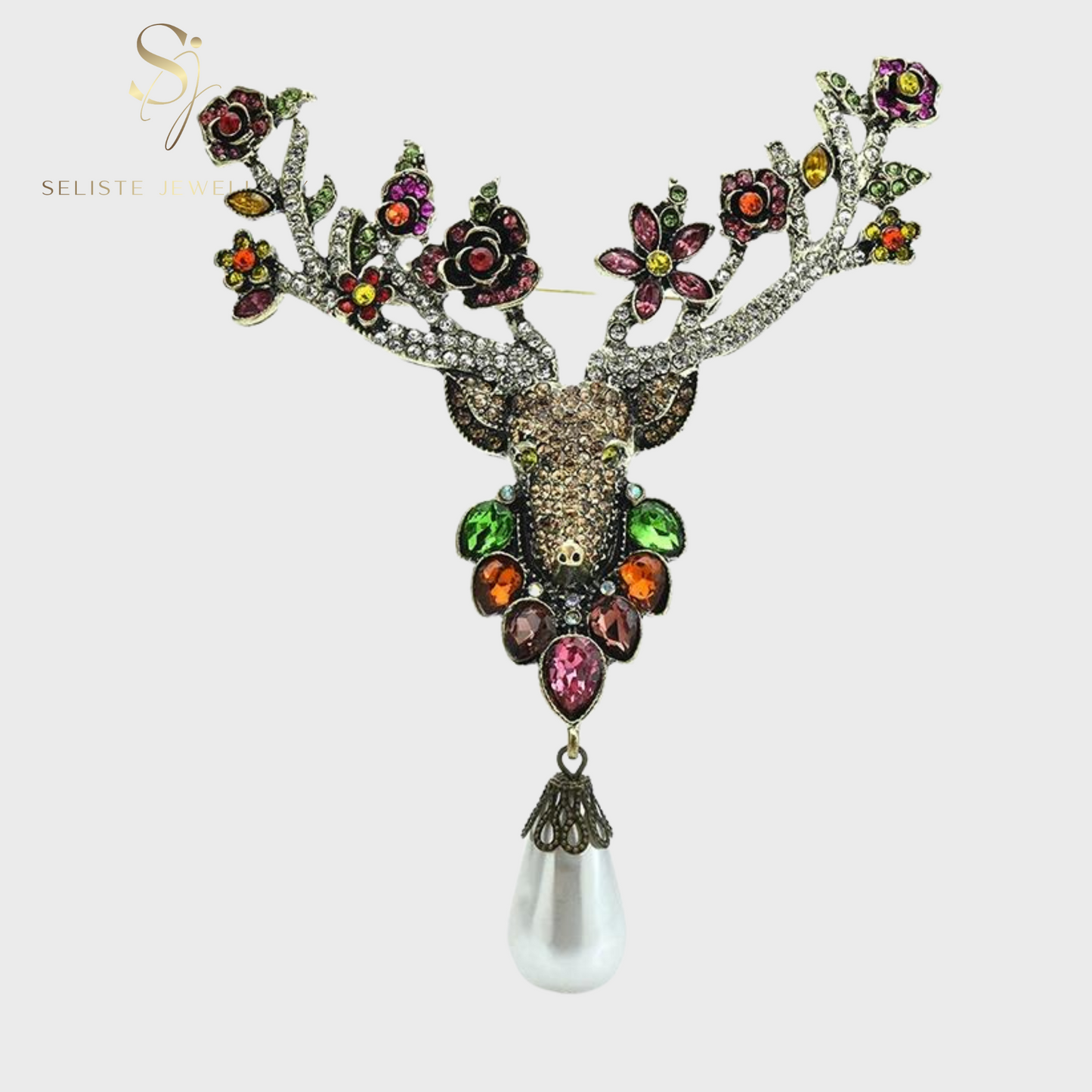 Vintage Style Large Reindeer Flowers Drop Pearl Brooch Pin