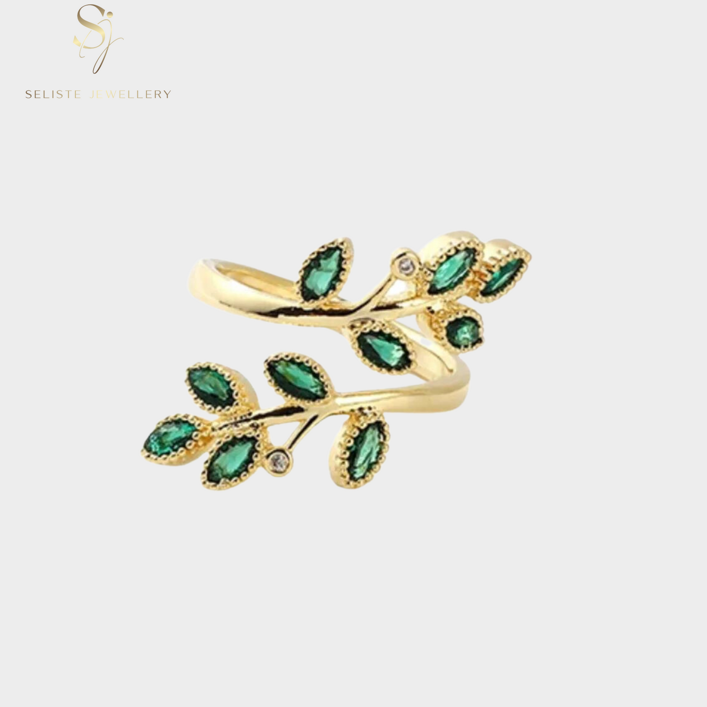 Emerald Olive Tree Branch Leaf Ring