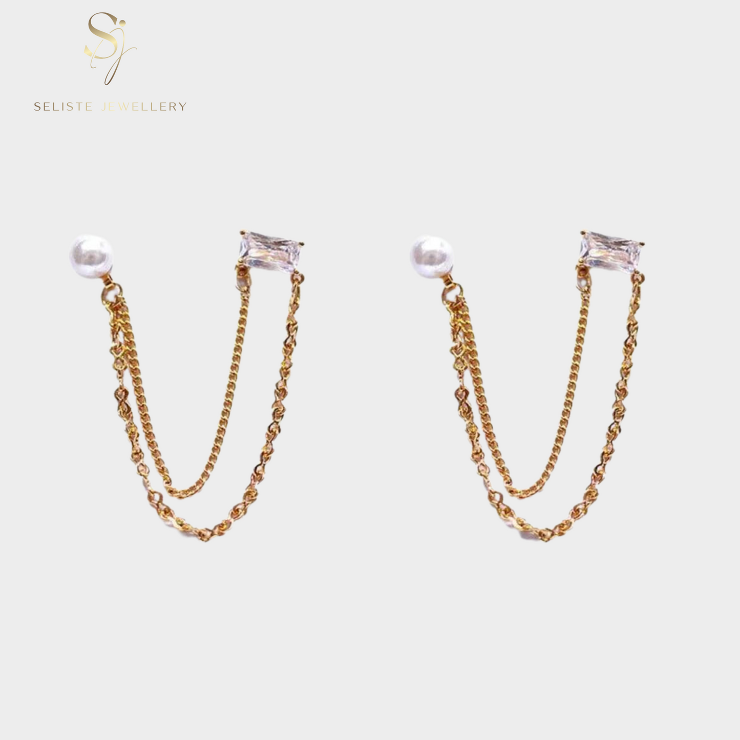 Chain Double Hole Pearl Stud Earrings