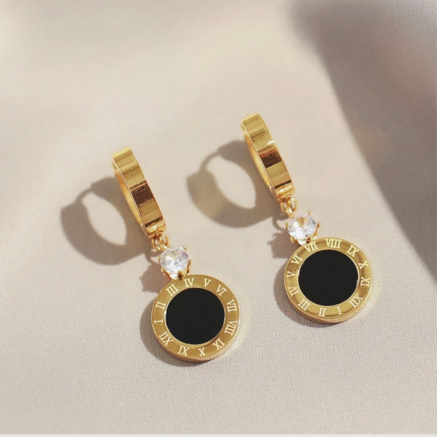 Black Disc Dangle Hoop Earrings