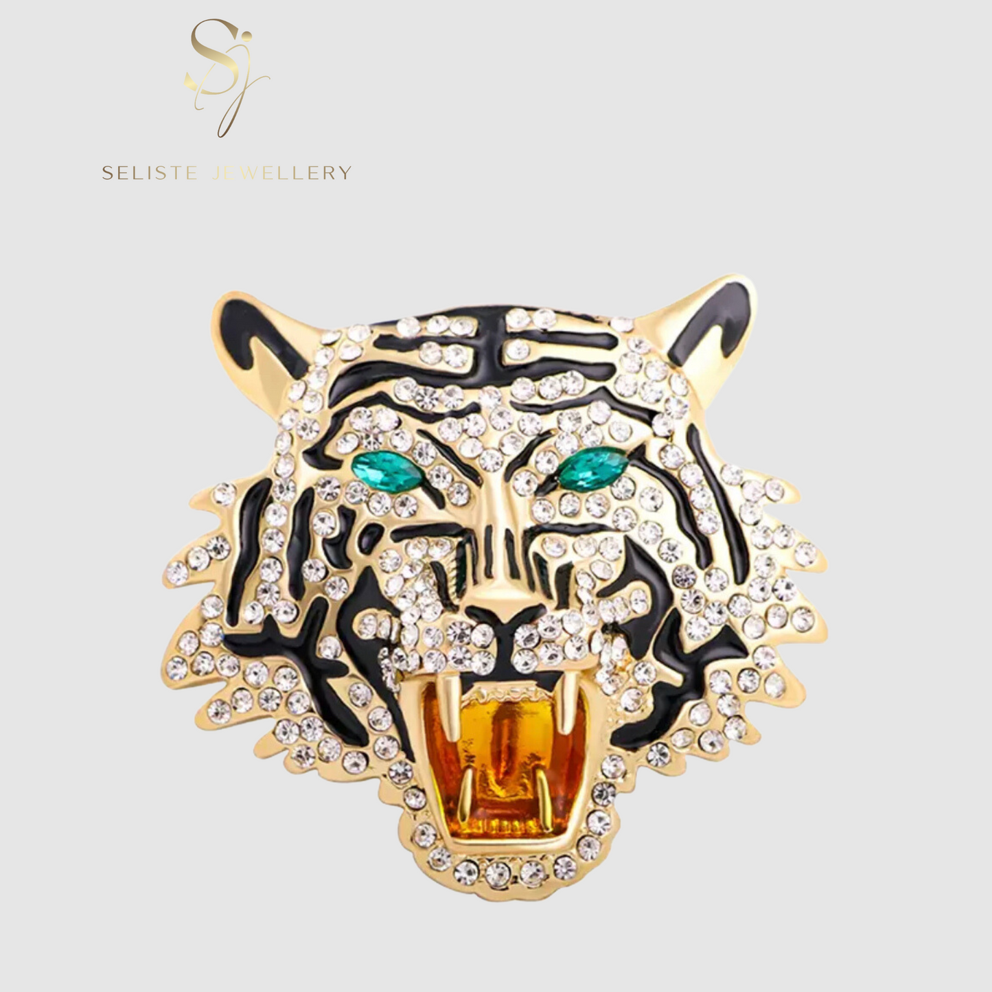 Elegant Gold Large Roaring Tiger Head Brooch