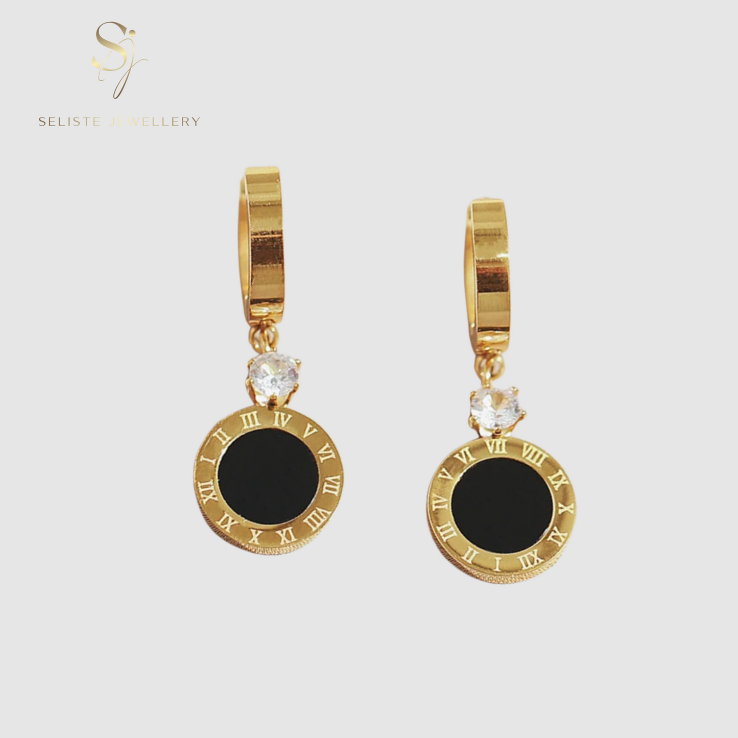 Black Disc Dangle Hoop Earrings