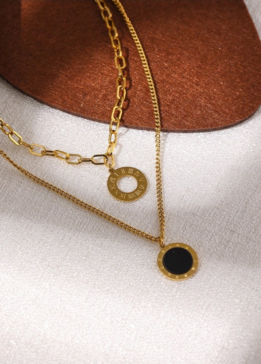 Roman Numeral Double Sided Pendant Necklace,14k Gold Plated,Layered Choker,Vintage,Elegant,Handmade,Luxury,Fine Jewellery,Women,Girls,Unique