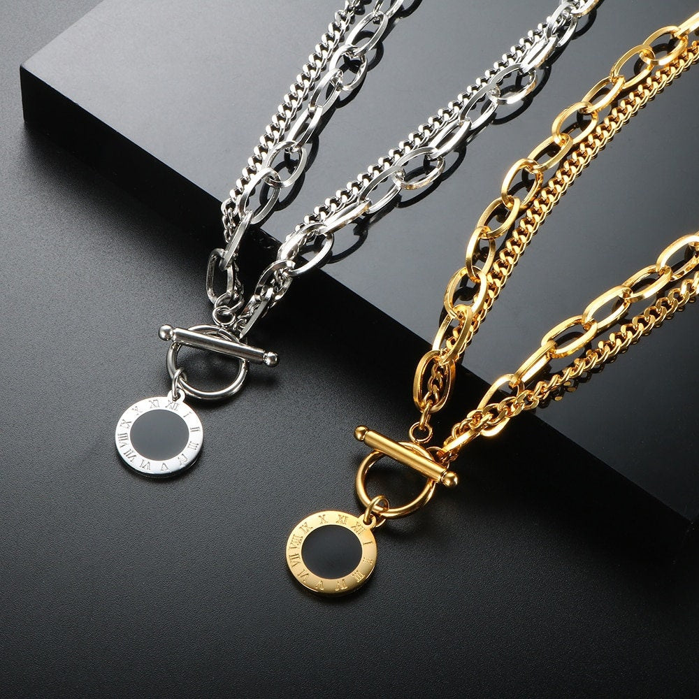 Vintage Multilayer Necklace Roman Numerals Black Shell Pendant,Double Layer Necklace,Coin Pendant Necklace,Dainty Necklace,Thick Necklace