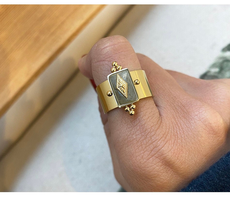 18K Gold Natural Stone Adjustable Ring - Gold Green Stone Ring - Natural Stone ring - Statement Ring - Geometric Ring - Gift For Her