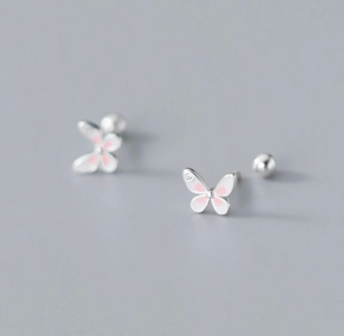 Dainty 925 Sterling Silver Pink Butterfly Screw Stud Earrings - Tiny Butterfly Earrings - Pink Earrings -Minimalist Butterfly Earrings