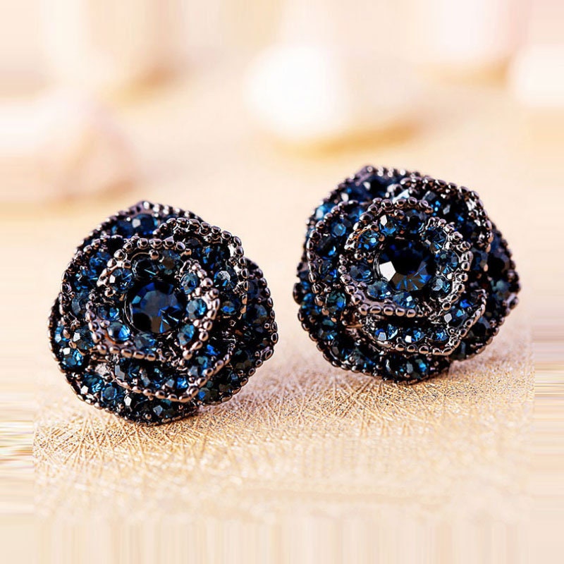 Luxury Blue Rhinestone Rose Flower Earrings For Women,Elegant Crystal Stud Earrings,Vintage Red Rose Earrings,Birthday ,Anniversary Gift