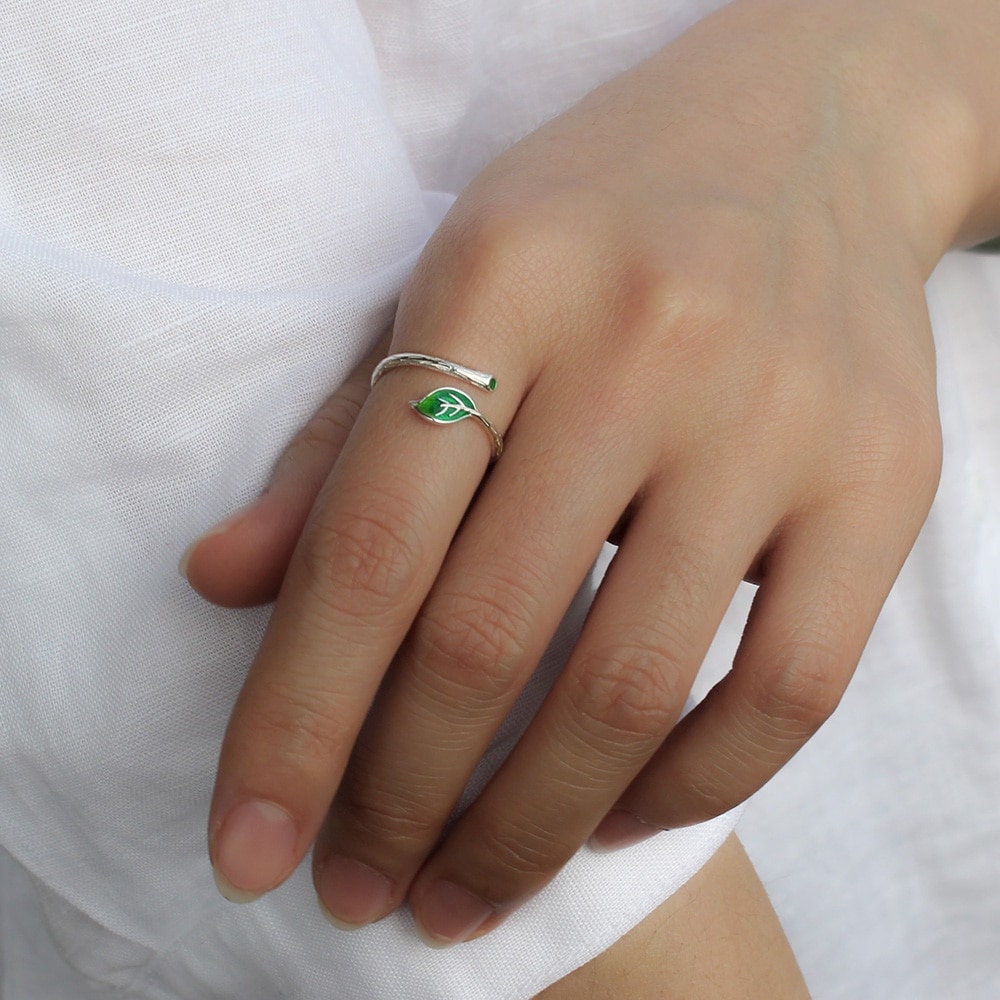 Minimalist Green Leaf Brunch Open Silver Ring For Women ,Nature Sterling Silver Jewellery,Birthday Perfect Gift For Her