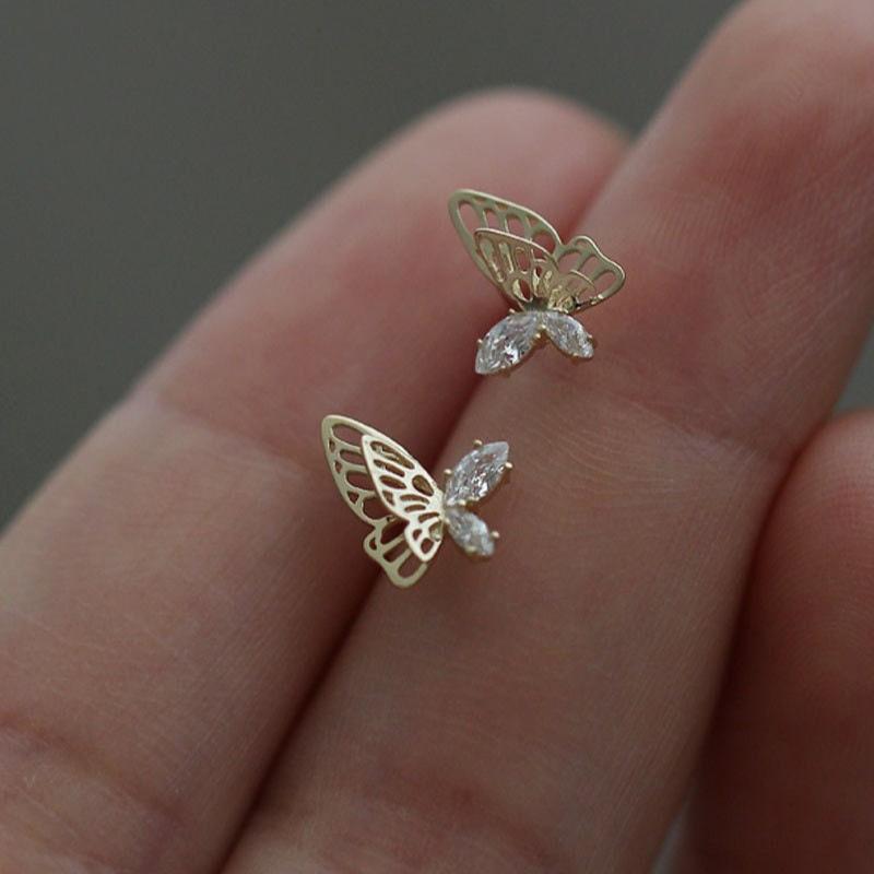 Minimalist Asymmetric Gold Butterfly Stud Earrings-Cute Cz Butterfly Earrings- Silver Butterfly Earrings- Dainty Gold Earrings- Gift For Her