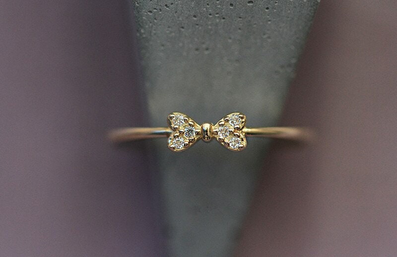 Minimalist Bow Gold Ring For Women - 18k Gold Ribbon Ring - Dainty Bow Tie Crystal Ring - Stackable Ring - Thin Bow Ring - Gift For Her