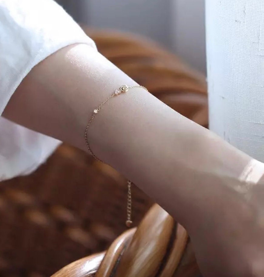 Dainty 14K Gold Plated Rose Flower Bracelet,Minimalist Cz Heart Gold Bracelet, Thin Bracelet, Staking Gold Bracelet, Statement Bracelet