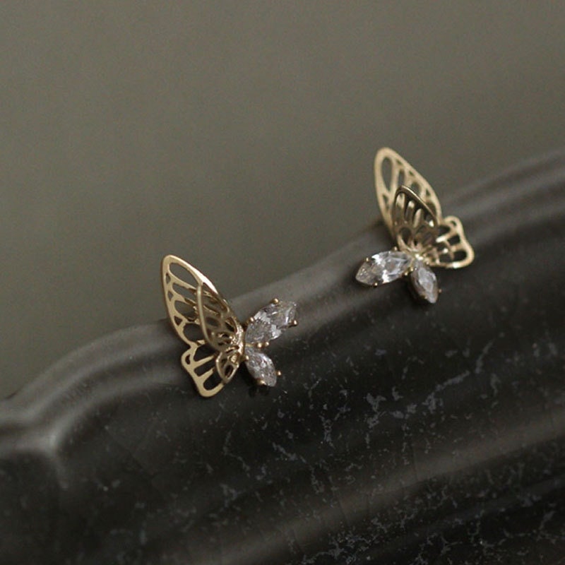 Minimalist Asymmetric Gold Butterfly Stud Earrings-Cute Cz Butterfly Earrings- Silver Butterfly Earrings- Dainty Gold Earrings- Gift For Her