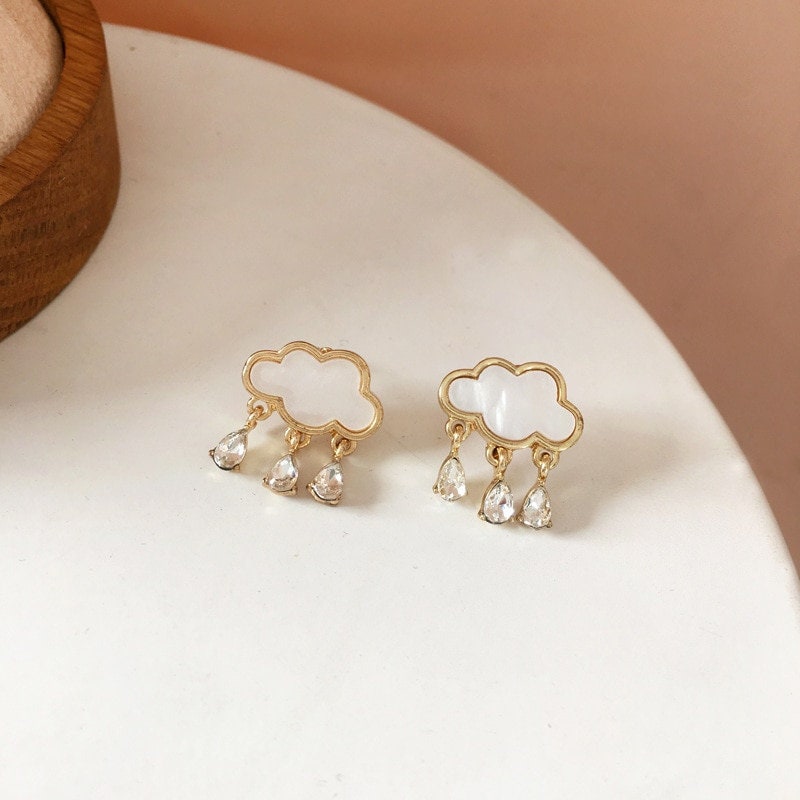 Cute White Cloud Water Drop Gold Stud Earrings For Women,Gothic Earrings ,women Accessory,Rain Drop,Gold,Small Girls Earrings,Perfect Gift