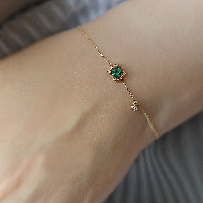 Minimalist Green Cz Emerald Gold Bracelet For Women-Dainty Green Emerald Bracelet-Delicate 18k Gold Plated Bracelet-Perfect Gift For Her