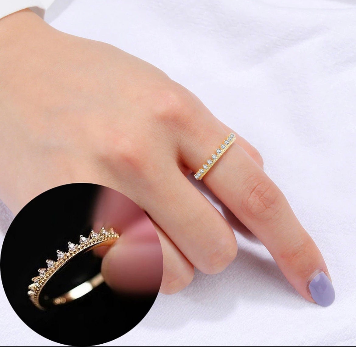 Minimalist Gold French Pavé Crown Ring -Gold Crown Ring -Delicate Crystal Ring -Thin Crown Ring -Staking Ring -Thin Gold Ring -Gift For Her