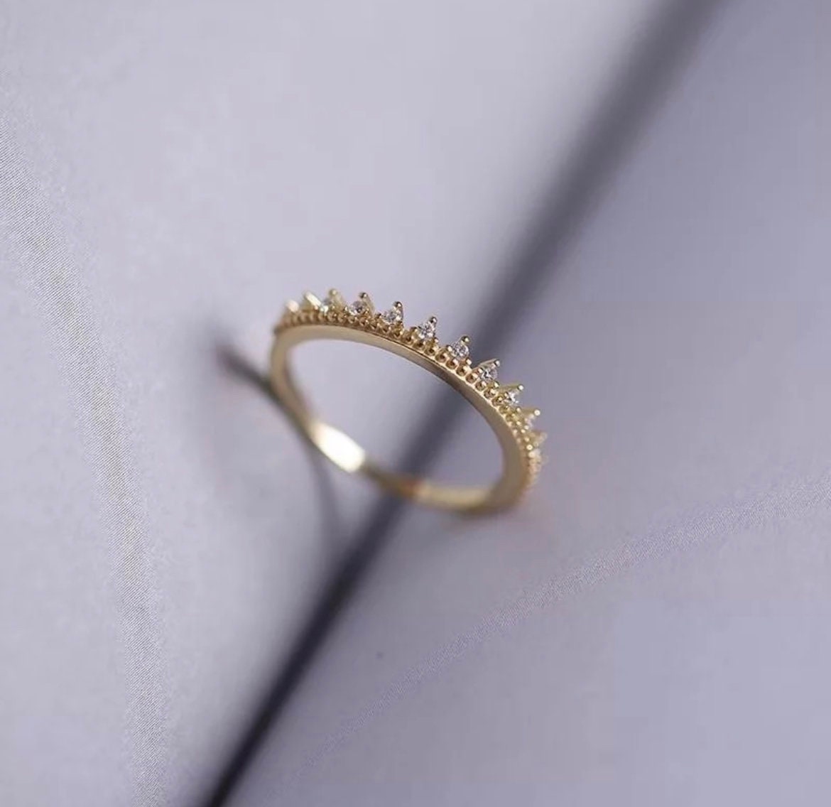 Minimalist Gold French Pavé Crown Ring -Gold Crown Ring -Delicate Crystal Ring -Thin Crown Ring -Staking Ring -Thin Gold Ring -Gift For Her