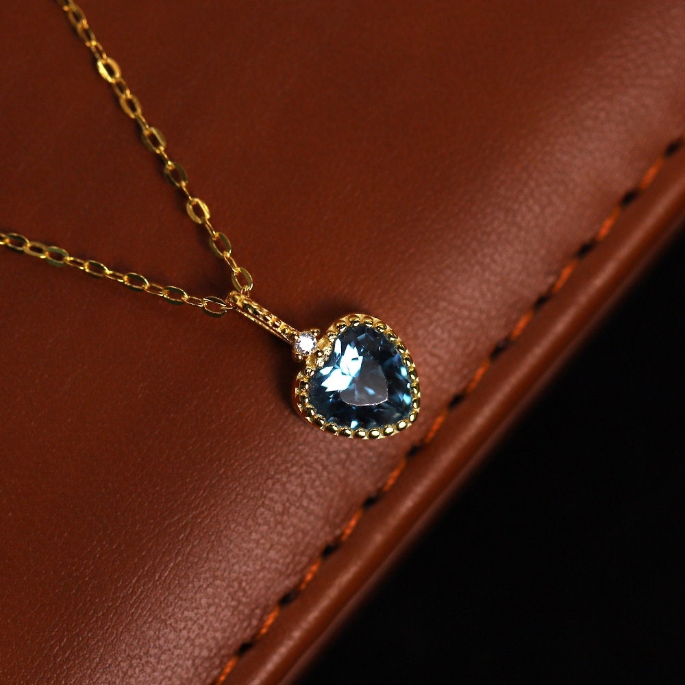 Minimalist Blue Sapphire Heart Pendant Necklace-Dainty Heart Charm Necklace-Heart Necklace - Blue Heart Pendant-Bride Necklace- Gift For Her