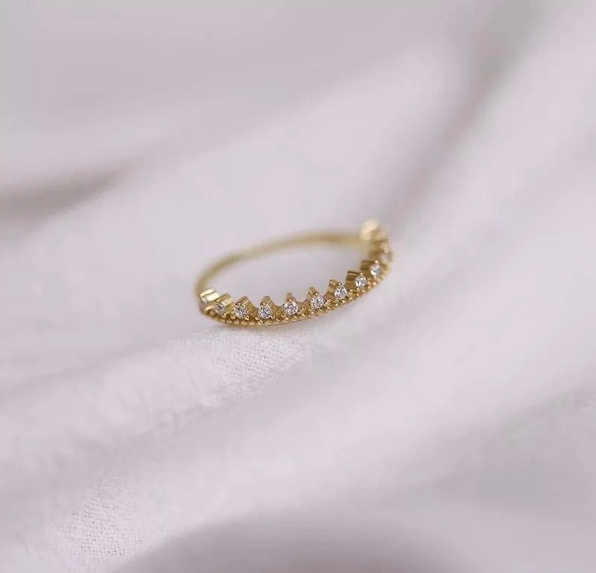 Minimalist Gold French Pavé Crown Ring -Gold Crown Ring -Delicate Crystal Ring -Thin Crown Ring -Staking Ring -Thin Gold Ring -Gift For Her