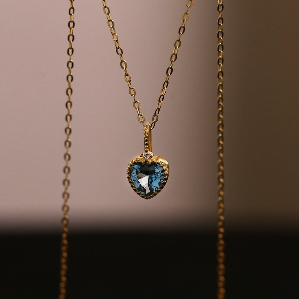 Minimalist Blue Sapphire Heart Pendant Necklace-Dainty Heart Charm Necklace-Heart Necklace - Blue Heart Pendant-Bride Necklace- Gift For Her