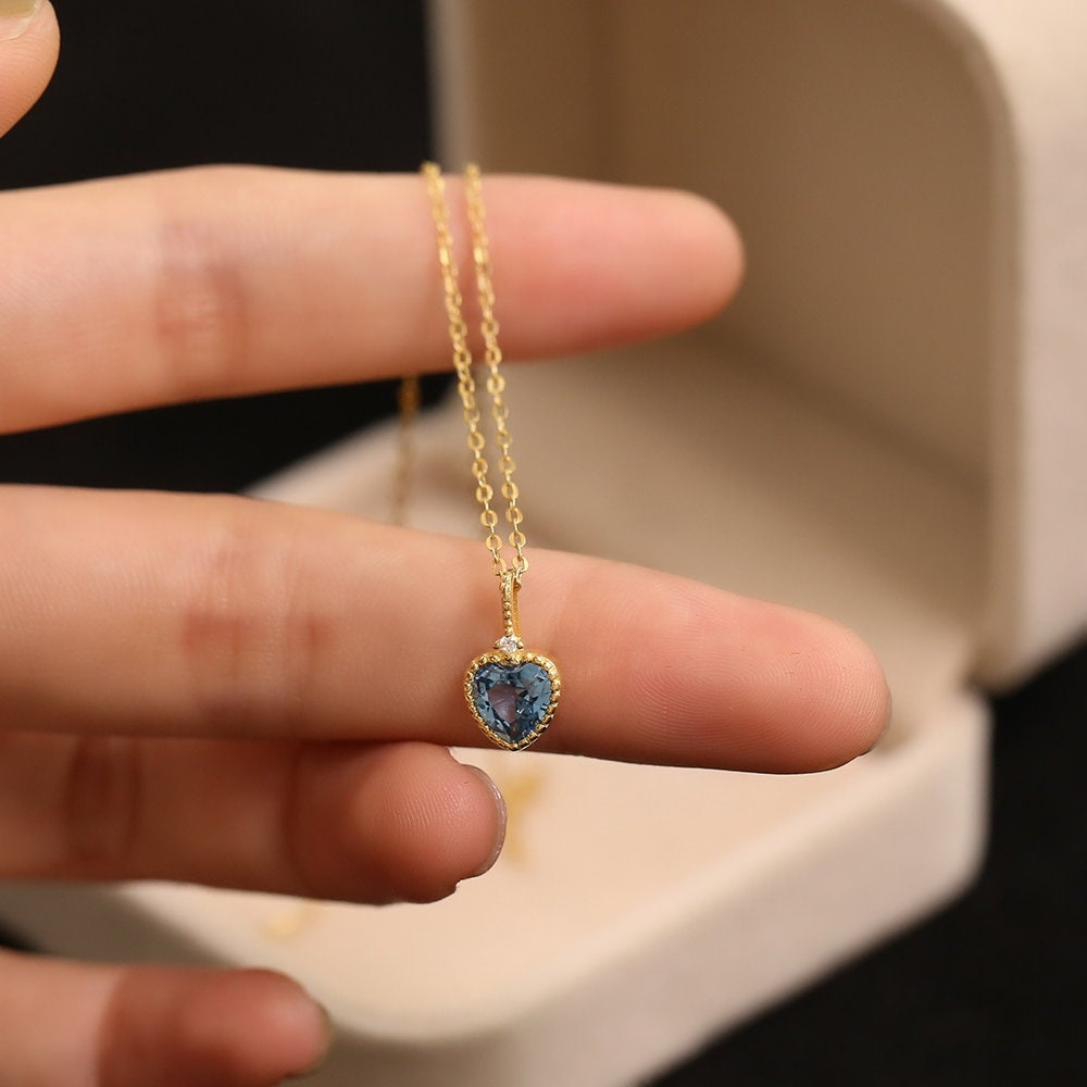 Minimalist Blue Sapphire Heart Pendant Necklace-Dainty Heart Charm Necklace-Heart Necklace - Blue Heart Pendant-Bride Necklace- Gift For Her