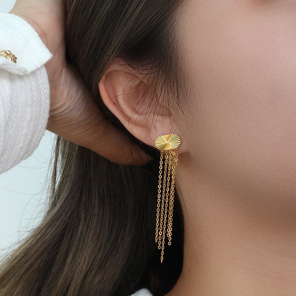 18K Gold Plated Tassel Chain Earrings-Gold Chain Long Tassel Earrings-Statement Tassel Dangle Earrings-Geometric Stud Earrings-Gift For Her