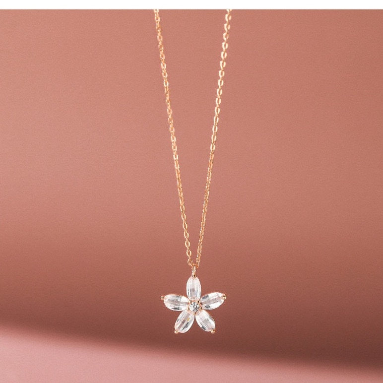 925 Sterling Silver Cherry Blossom Pendent Necklace-Rose Gold CZ Cherry Blossom Necklace-Cherry Blossom Jewellery-Dainty Rose Gold Necklace