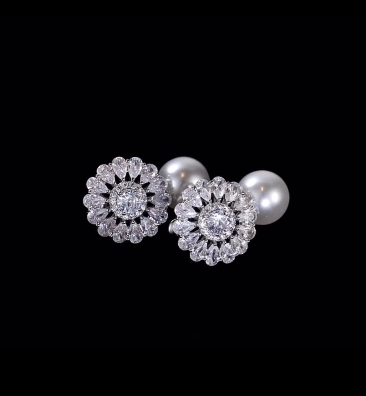 Luxury CZ Flower Stud Earrings-Pearl Wedding Earrings-Bride Earrings-Vintage Style Drop Pearl Earrings-Elegant Crystal Earrings-Gift For Her