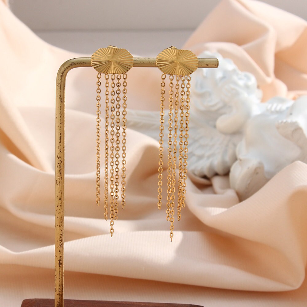 18K Gold Plated Tassel Chain Earrings-Gold Chain Long Tassel Earrings-Statement Tassel Dangle Earrings-Geometric Stud Earrings-Gift For Her