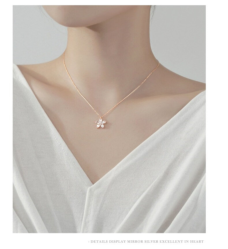 925 Sterling Silver Cherry Blossom Pendent Necklace-Rose Gold CZ Cherry Blossom Necklace-Cherry Blossom Jewellery-Dainty Rose Gold Necklace