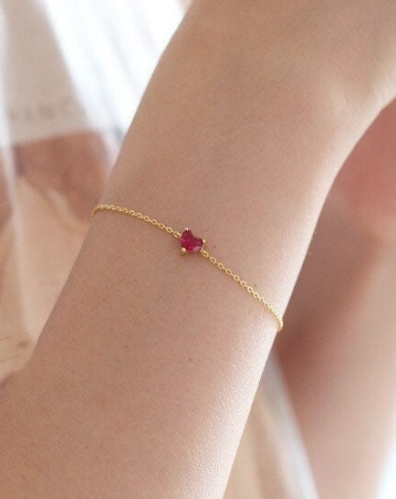 Minimalist Red Cz Heart Bracelet- Dainty Heart Bracelet - Gold Heart Bracelet - Delicate Bracelet - Sterling Silver Bracelet- Gift For Her
