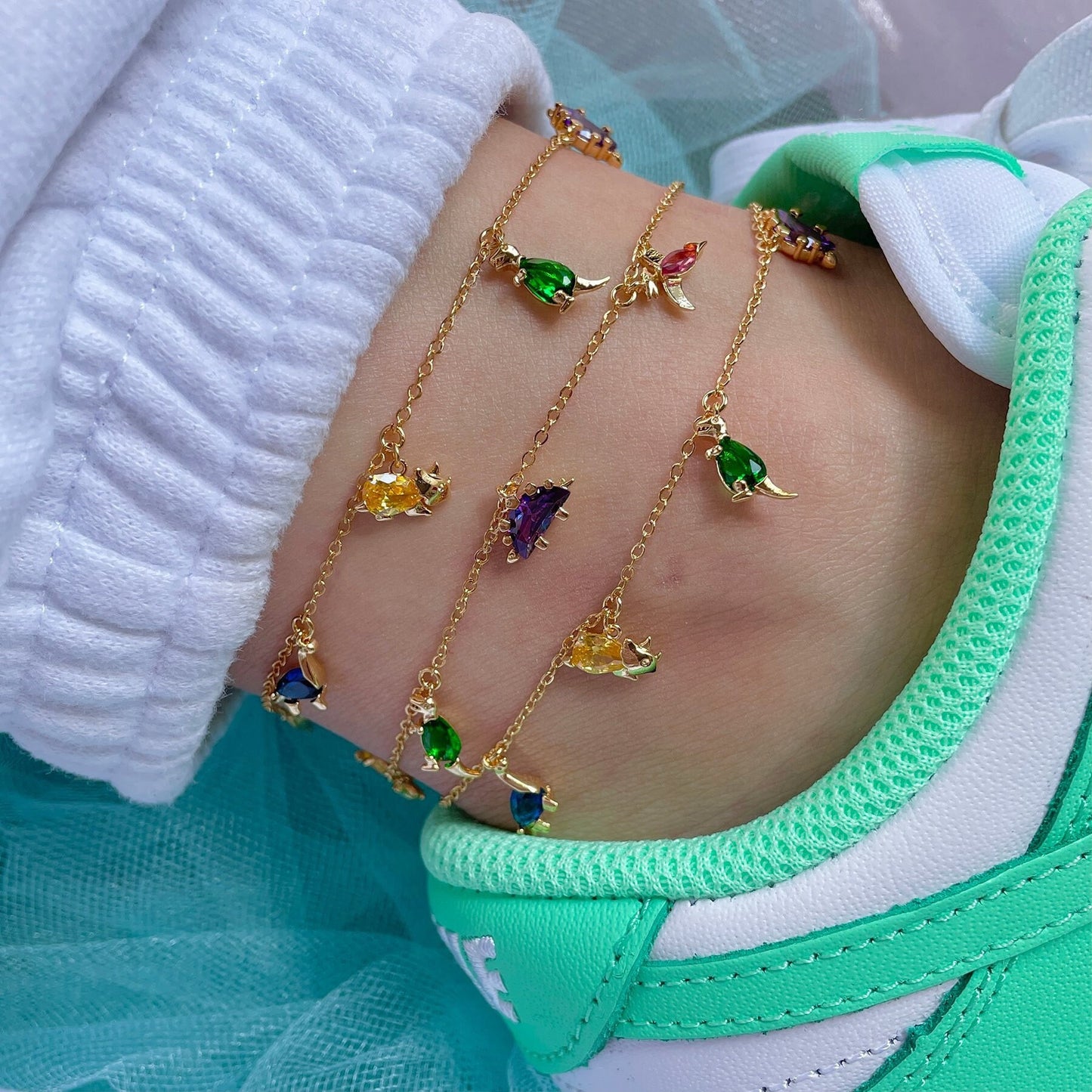 18k Gold Cute Dinosaur Bracelet- Dinosaur Charm Bracelet - Multi Charm Anklet Bracelet - Dinosaur Jewellery - Animal Jewellery -Gift For Her