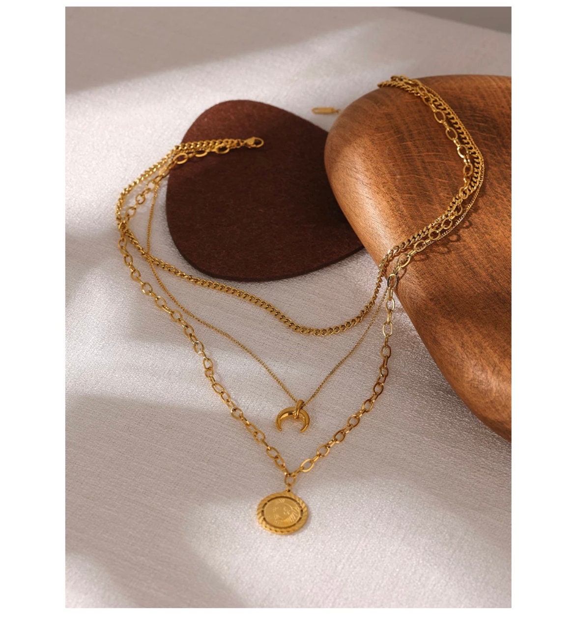 Vintage Multilayer Lion & Moon Pendant Necklace- Lion Necklace - Lion Pendant - Gold Multilayer Necklace- Moon Necklace-Dainty Moon Pendant