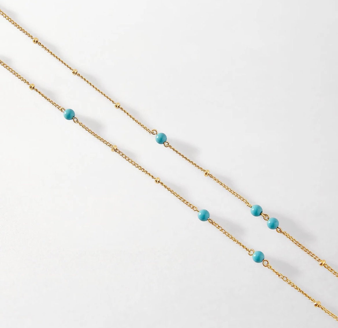 18k Gold Stainless Steel Turquoise Beaded Chain Necklace - Dainty Turquoise Gold Necklace - Minimalist Blue Stone Necklace - Gift For Her
