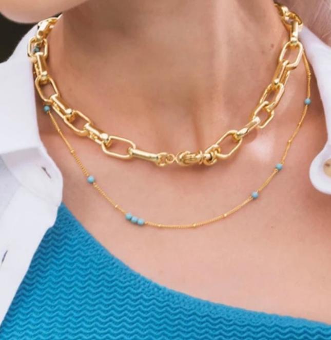 18k Gold Stainless Steel Turquoise Beaded Chain Necklace - Dainty Turquoise Gold Necklace - Minimalist Blue Stone Necklace - Gift For Her
