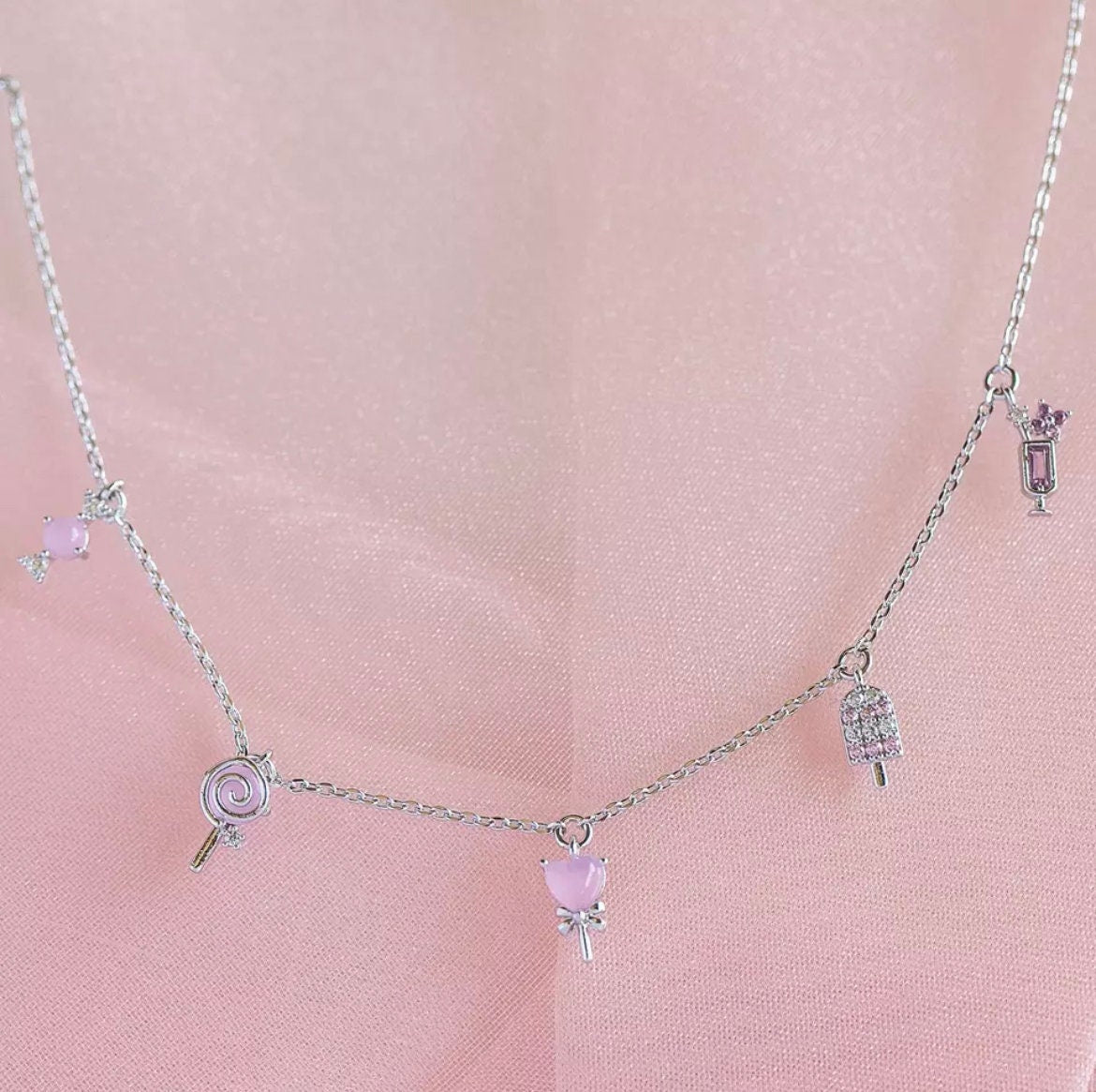 18k Gold Mini Ice Cream Charm Pendent Necklace - Cute Tiny Sweets Crystal Charm Necklace - Multi Charm Necklace- Bowknot Charm Necklace
