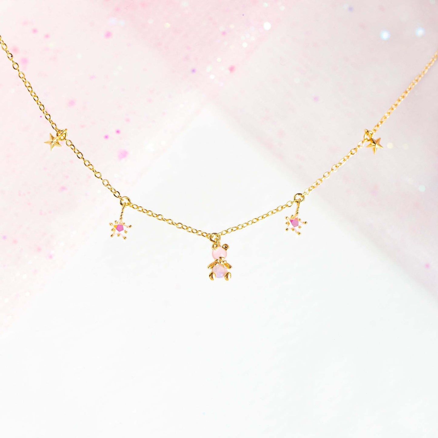 Cute Teddy Bear And Star Pink Charm Pendent Necklace- Dainty Multi Charm Bear Necklace- Minimalist Teddy Necklace -Gold Multi Charm Necklace
