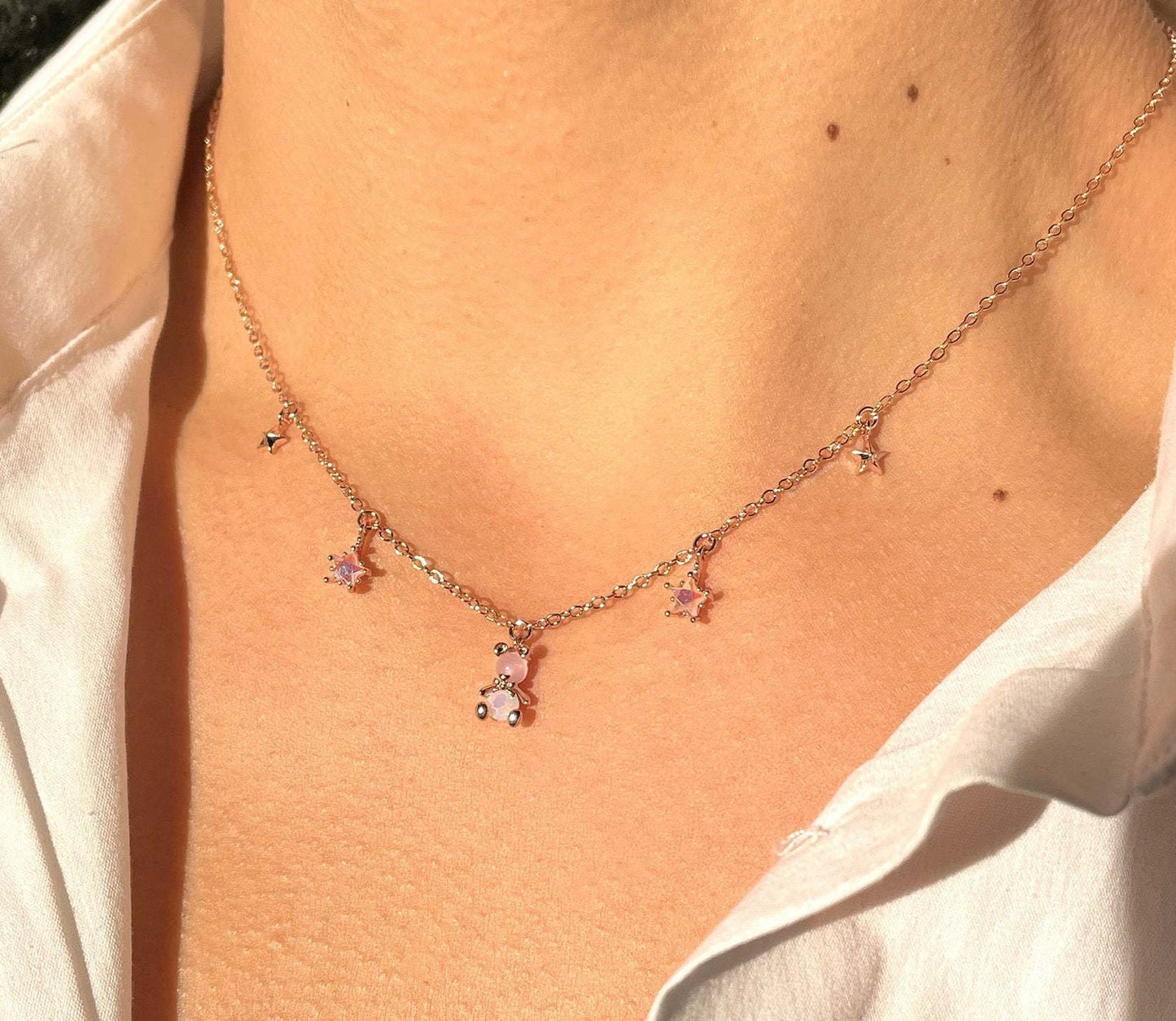 Cute Teddy Bear And Star Pink Charm Pendent Necklace- Dainty Multi Charm Bear Necklace- Minimalist Teddy Necklace -Gold Multi Charm Necklace