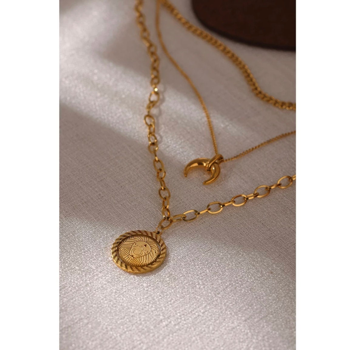 Vintage Multilayer Lion & Moon Pendant Necklace- Lion Necklace - Lion Pendant - Gold Multilayer Necklace- Moon Necklace-Dainty Moon Pendant