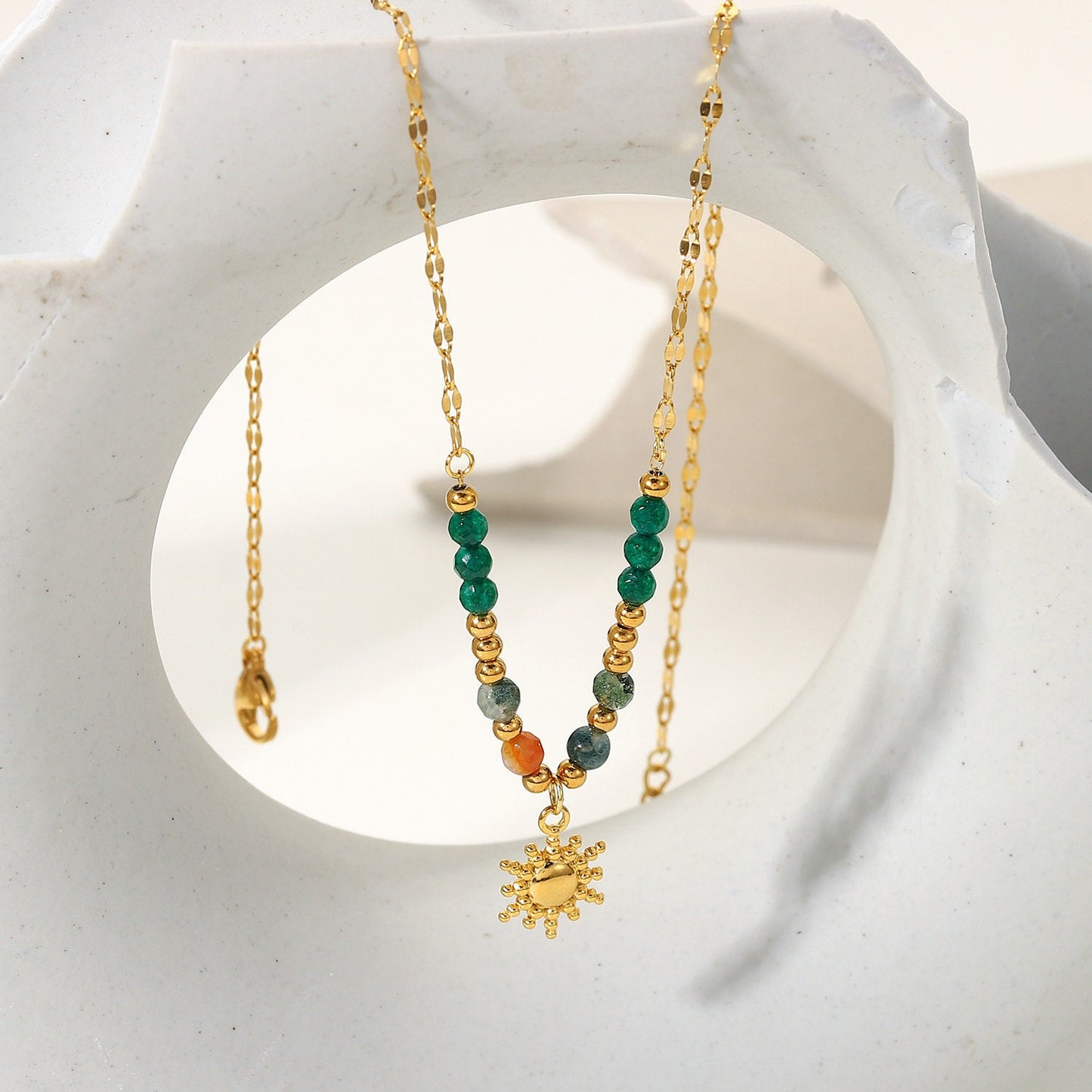 Dainty Natural Stone Sun Charm Bead Necklace-Gold Sun Pendent Necklace - Sun Necklace - Colourful Bead Sun Charm Necklace - Gift For Her