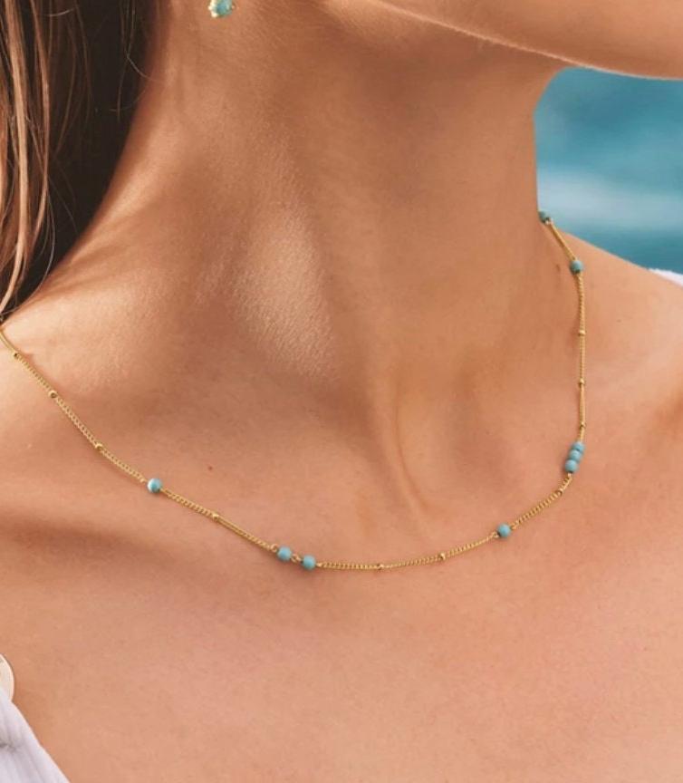 18k Gold Stainless Steel Turquoise Beaded Chain Necklace - Dainty Turquoise Gold Necklace - Minimalist Blue Stone Necklace - Gift For Her