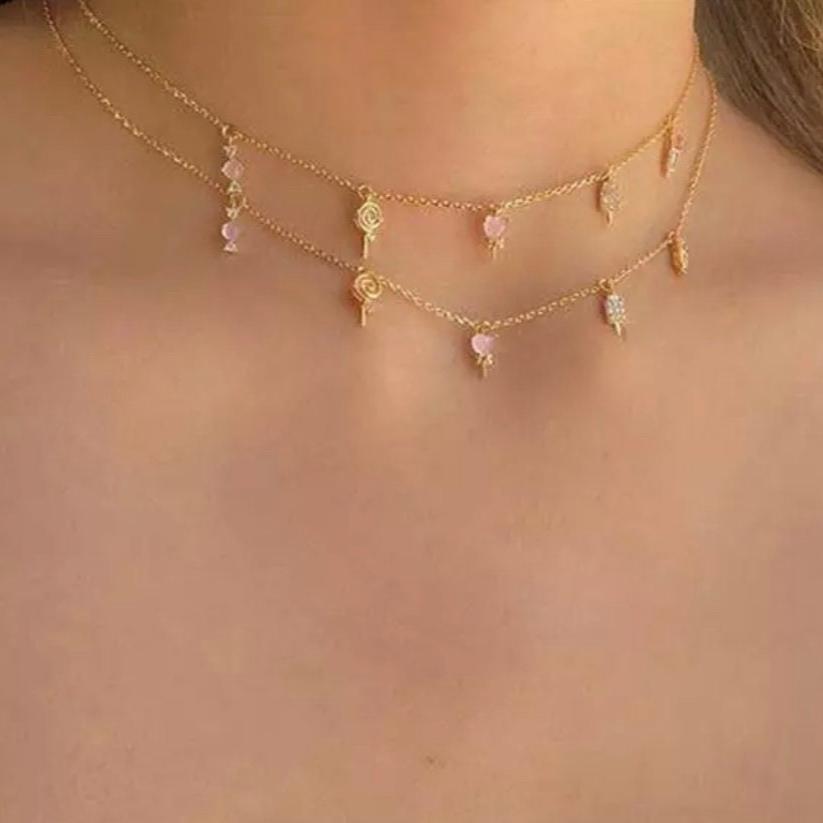 18k Gold Mini Ice Cream Charm Pendent Necklace - Cute Tiny Sweets Crystal Charm Necklace - Multi Charm Necklace- Bowknot Charm Necklace