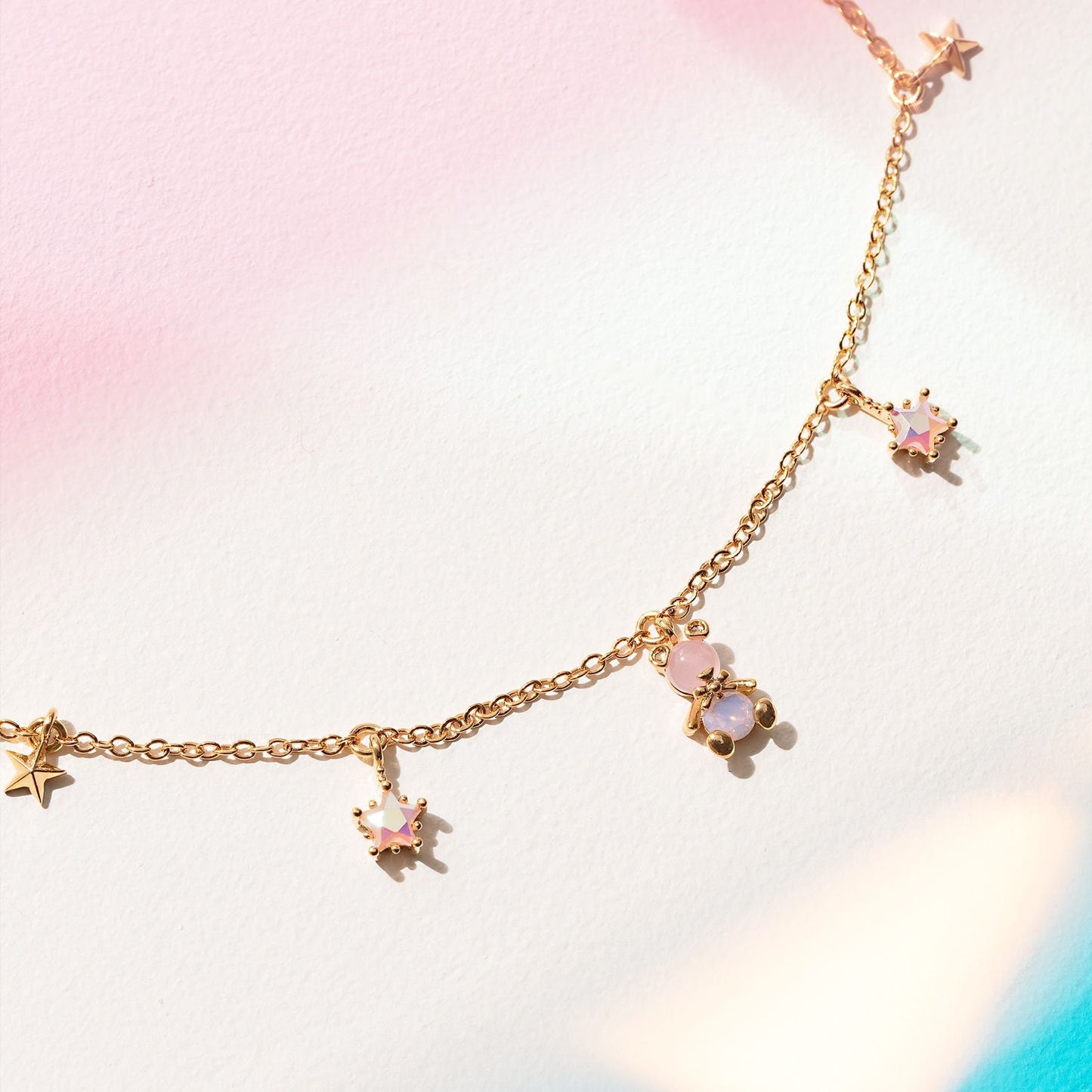 Cute Teddy Bear And Star Pink Charm Pendent Necklace- Dainty Multi Charm Bear Necklace- Minimalist Teddy Necklace -Gold Multi Charm Necklace