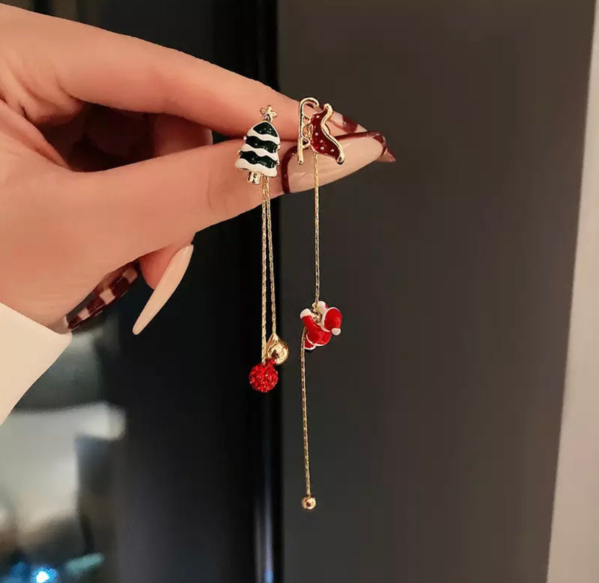 Gold Santa and Christmas Tree Earrings - Enamel Christmas Earrings - Tiny Santa Stud Earrings -Dainty Christmas Tree Earrings -Gift For Her