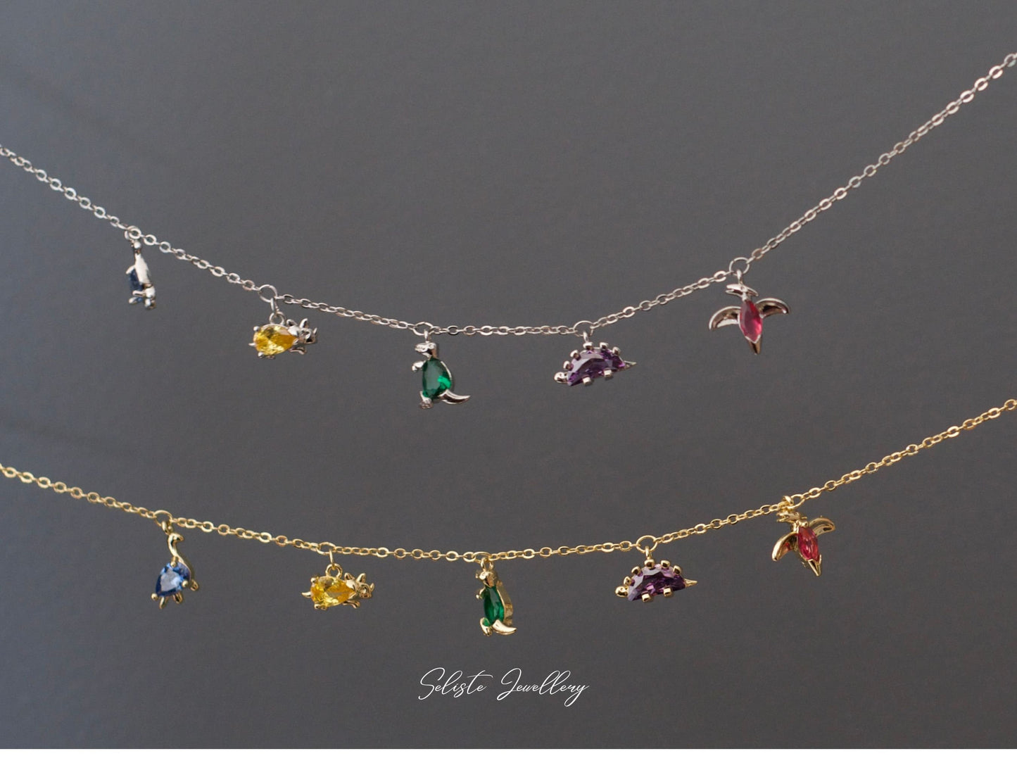 18k Gold Cute Dinosaur Bracelet- Dinosaur Charm Bracelet - Multi Charm Anklet Bracelet - Dinosaur Jewellery - Animal Jewellery -Gift For Her