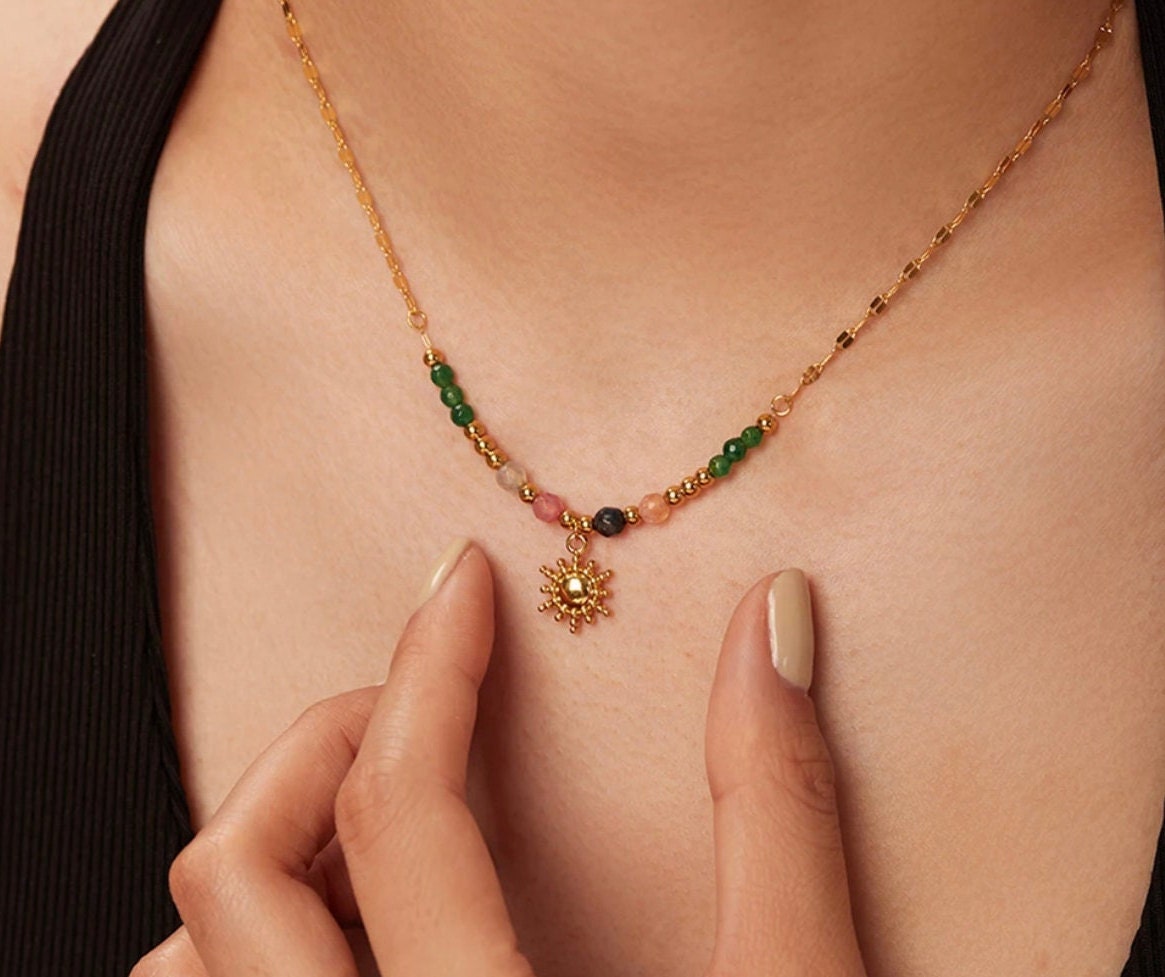 Dainty Natural Stone Sun Charm Bead Necklace-Gold Sun Pendent Necklace - Sun Necklace - Colourful Bead Sun Charm Necklace - Gift For Her