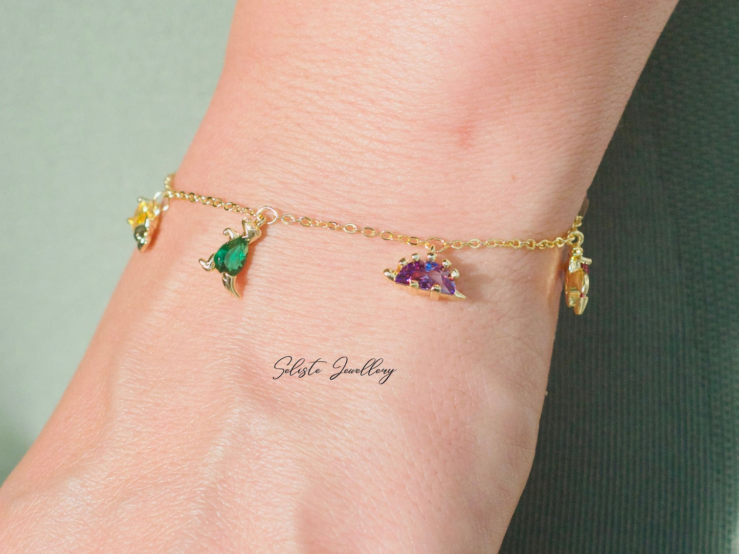 18k Gold Cute Dinosaur Bracelet- Dinosaur Charm Bracelet - Multi Charm Anklet Bracelet - Dinosaur Jewellery - Animal Jewellery -Gift For Her