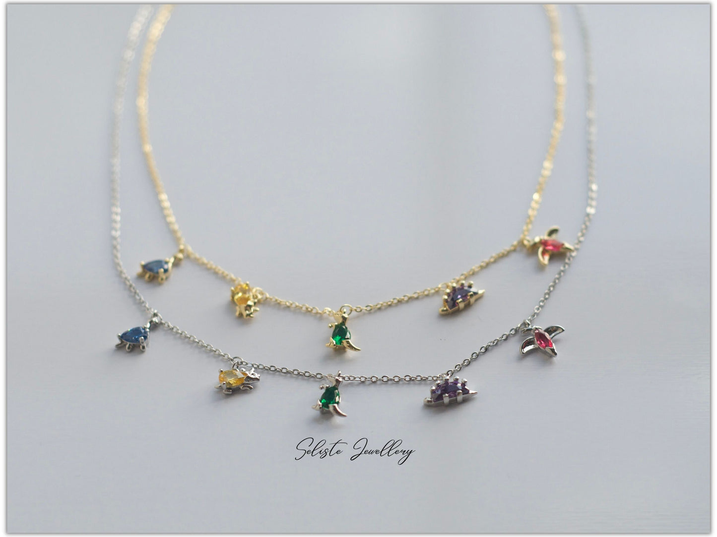 18k Gold Cute Dinosaur Bracelet- Dinosaur Charm Bracelet - Multi Charm Anklet Bracelet - Dinosaur Jewellery - Animal Jewellery -Gift For Her